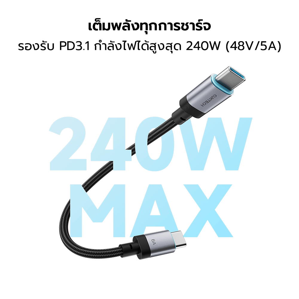 สายชาร์จเร็ว CUKTECH รุ่น CTC615S 6A 240W USB-C ยาว 15 ซม. สีดำ (รองรับการชาร์จ PD3.1)